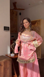 Womenline Blush Pink Kurta Set with Mirror Work Embroidery & Statement Dupatta