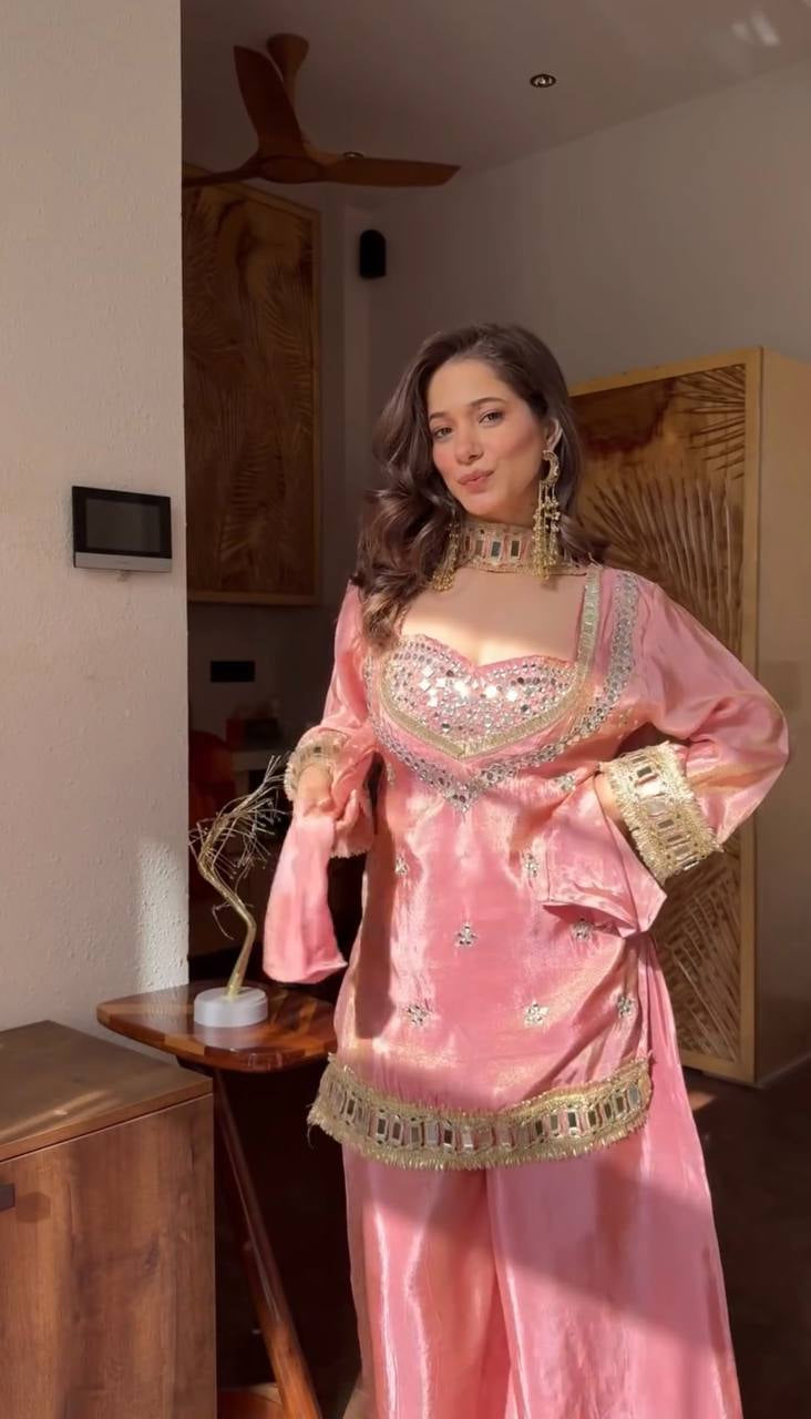 Womenline Blush Pink Kurta Set with Mirror Work Embroidery & Statement Dupatta