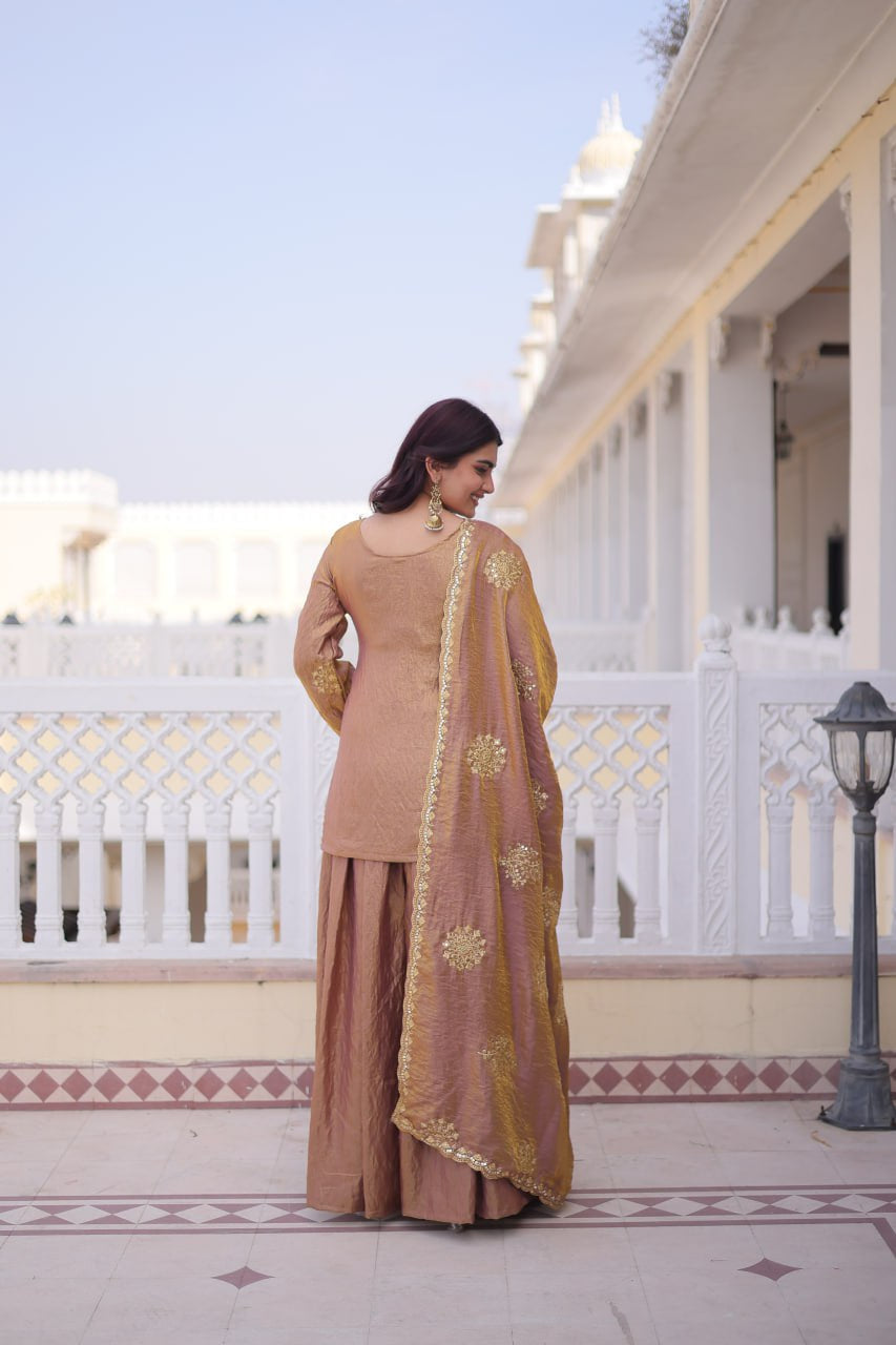 Womenline Dusty Mauve Embroidered Kurta Sharara Set with Dupatta