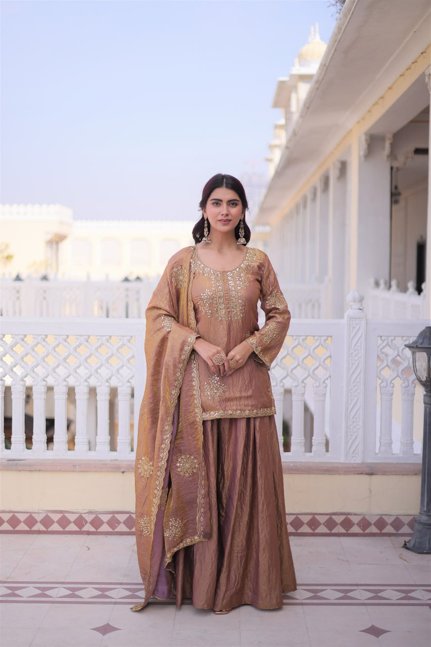 Womenline Dusty Mauve Embroidered Kurta Sharara Set with Dupatta