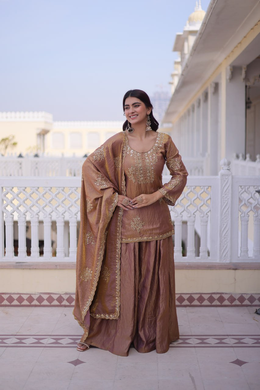 Womenline Dusty Mauve Embroidered Kurta Sharara Set with Dupatta