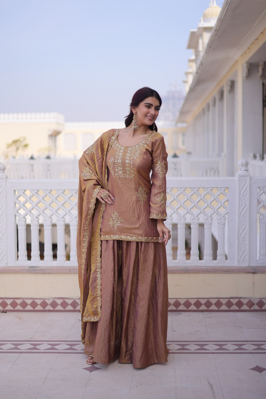 Womenline Dusty Mauve Embroidered Kurta Sharara Set with Dupatta