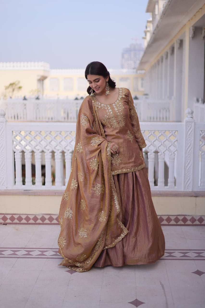 Womenline Dusty Mauve Embroidered Kurta Sharara Set with Dupatta