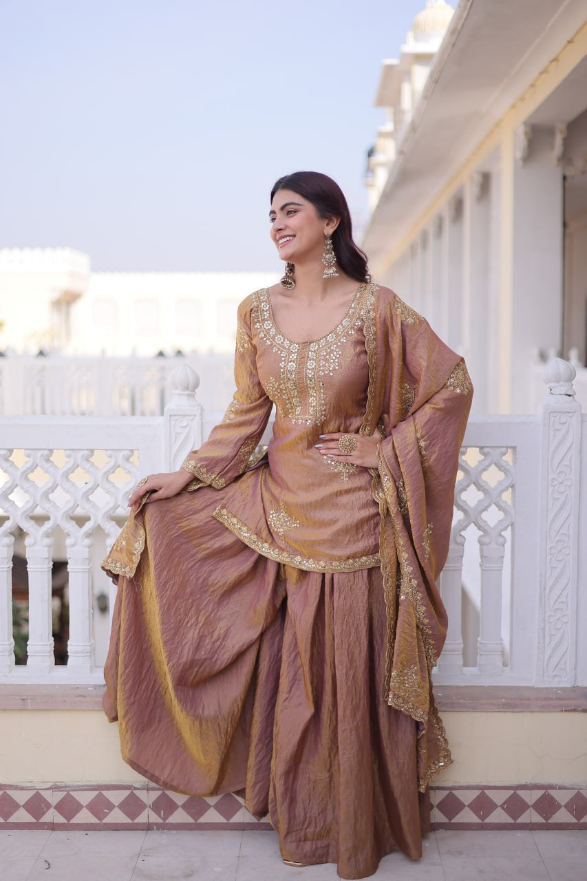 Womenline Dusty Mauve Embroidered Kurta Sharara Set with Dupatta