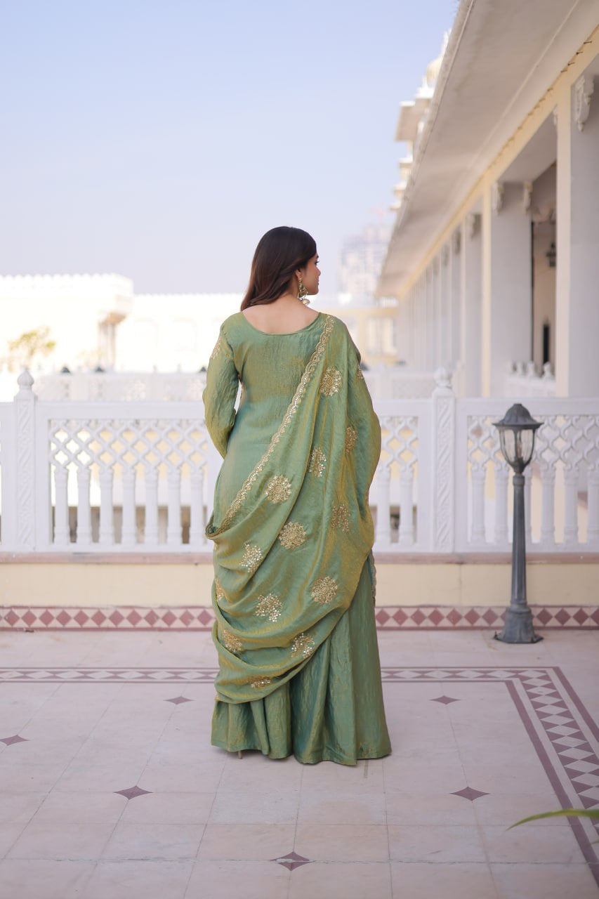 Womenline Sage Green Color Embroidered Kurta Sharara Set with Dupatta