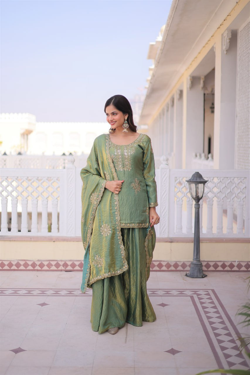 Womenline Sage Green Color Embroidered Kurta Sharara Set with Dupatta