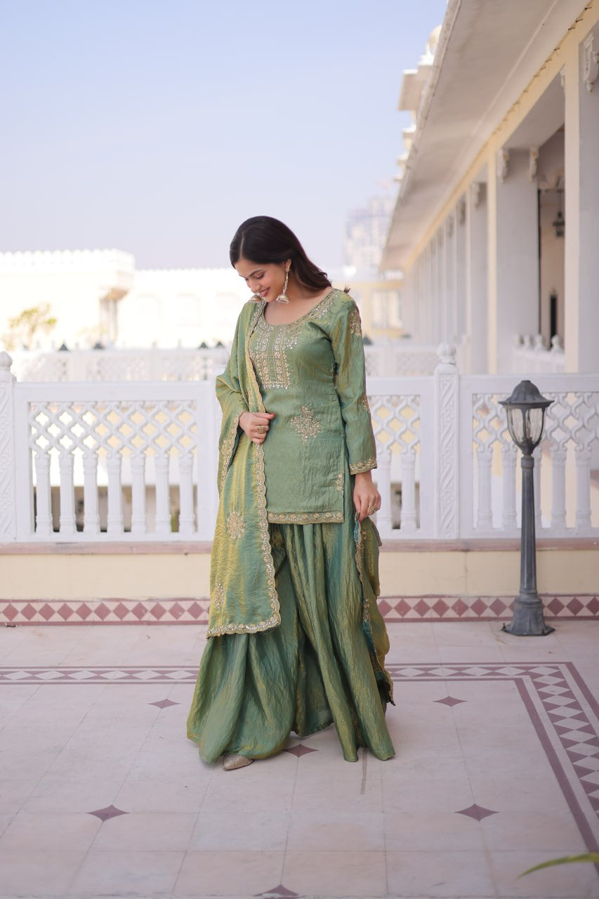 Womenline Sage Green Color Embroidered Kurta Sharara Set with Dupatta