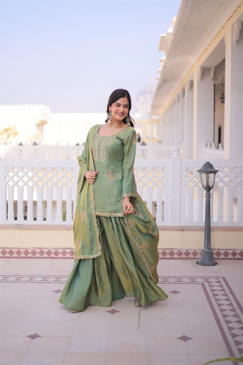 Womenline Sage Green Color Embroidered Kurta Sharara Set with Dupatta