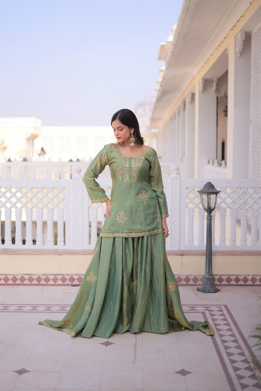 Womenline Sage Green Color Embroidered Kurta Sharara Set with Dupatta