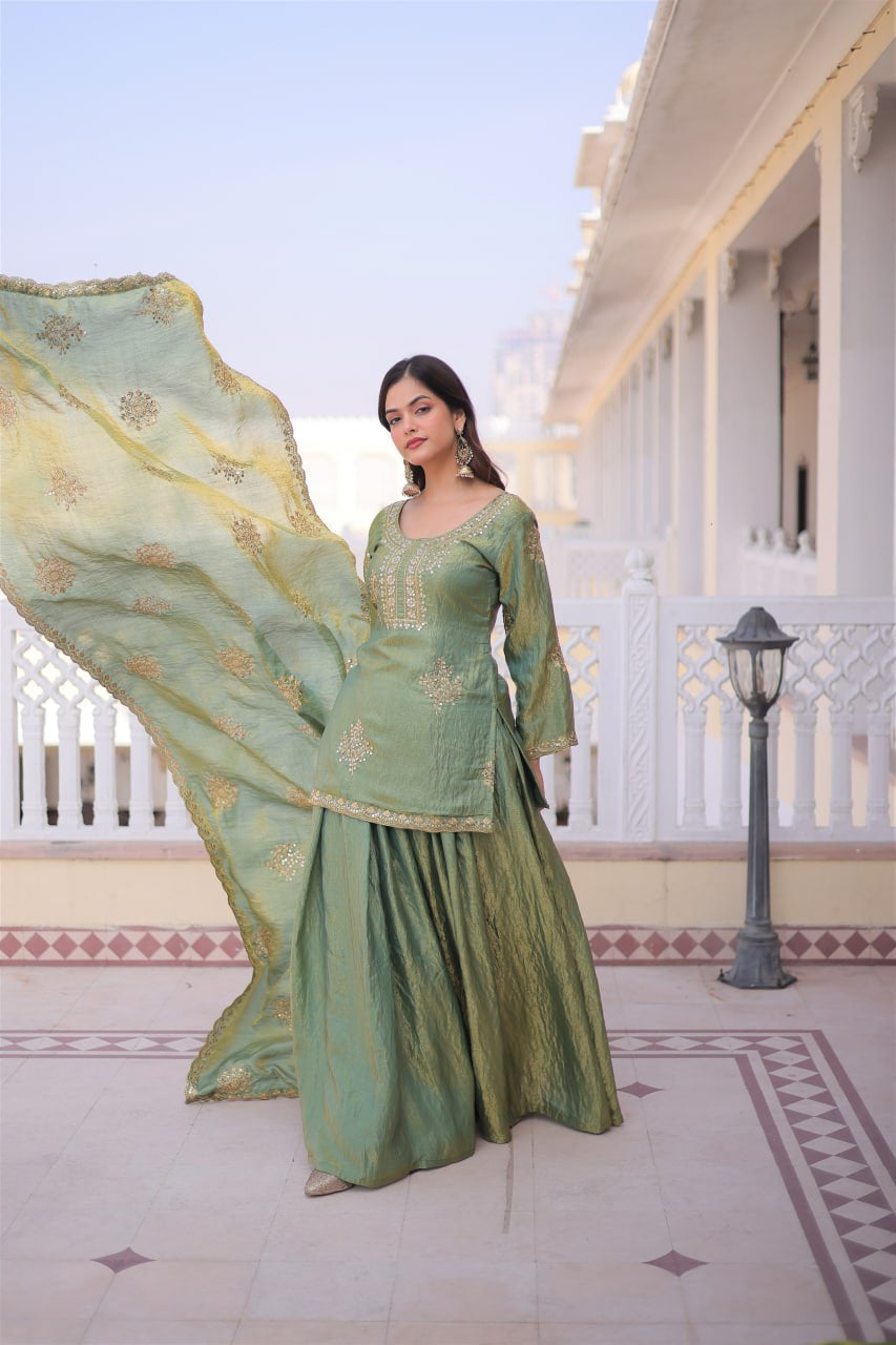 Womenline Sage Green Color Embroidered Kurta Sharara Set with Dupatta
