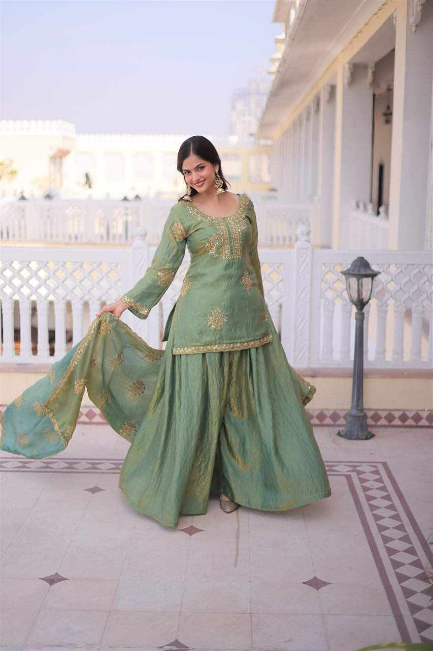 Womenline Sage Green Color Embroidered Kurta Sharara Set with Dupatta