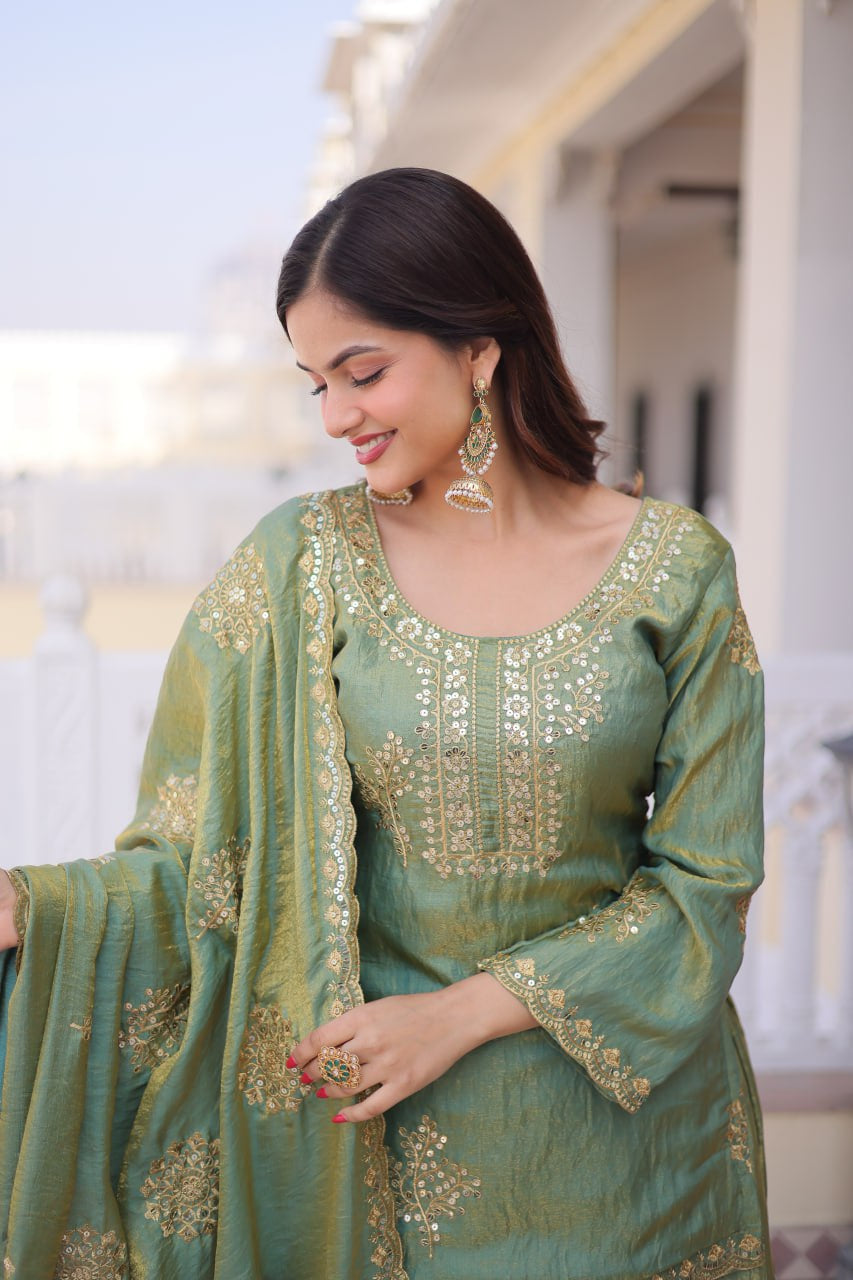 Womenline Sage Green Color Embroidered Kurta Sharara Set with Dupatta