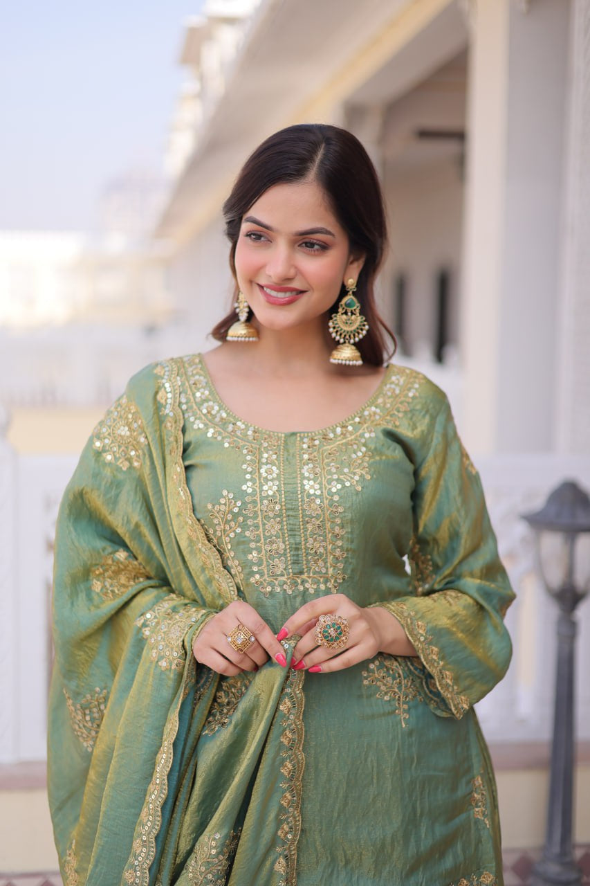 Womenline Sage Green Color Embroidered Kurta Sharara Set with Dupatta