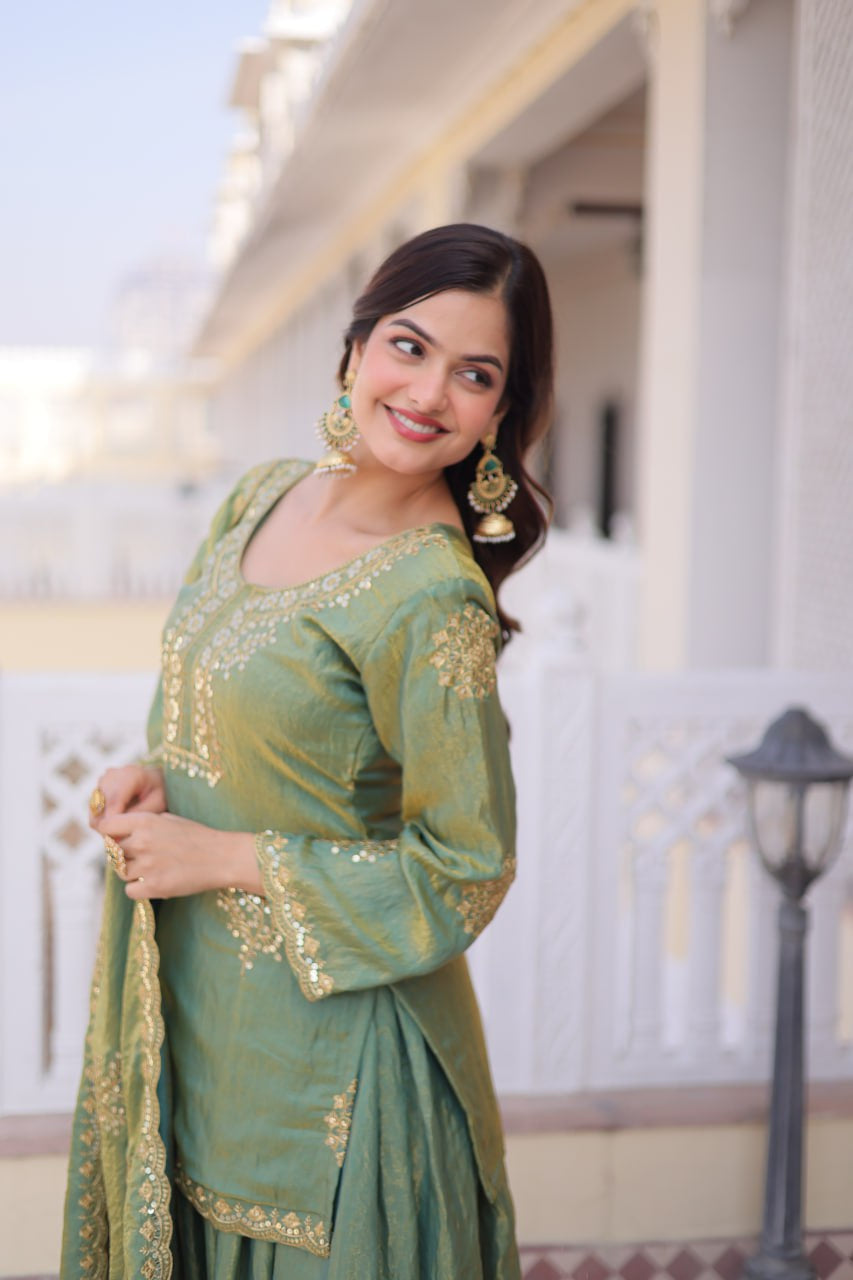 Womenline Sage Green Color Embroidered Kurta Sharara Set with Dupatta