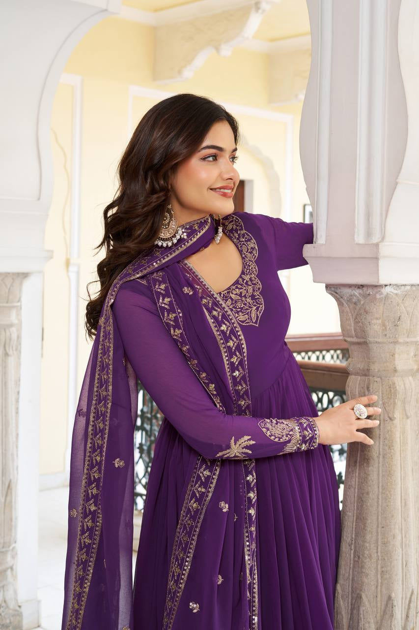 Womenline Elegant Royal Purple Anarkali Gown Set with Intricate Golden Embroidery & Dupatta