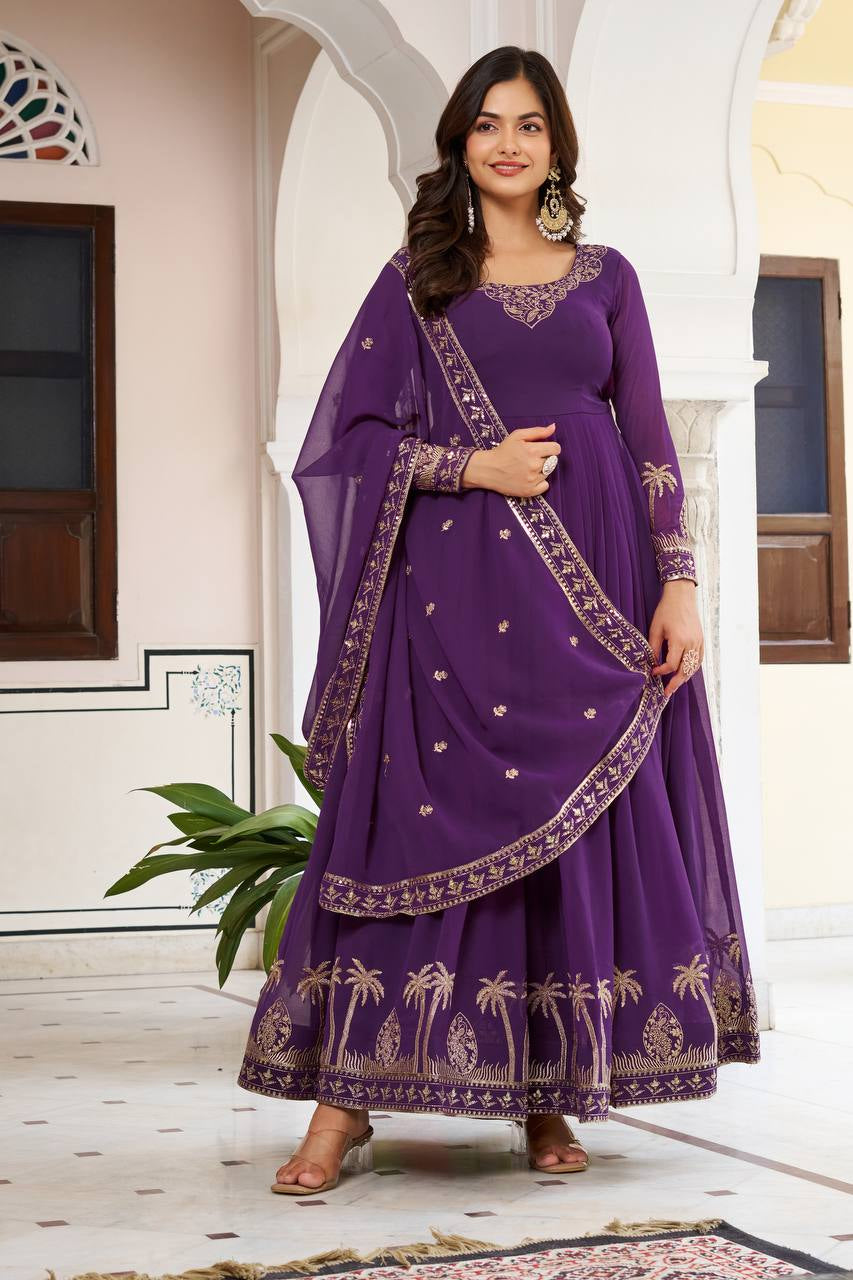 Womenline Elegant Royal Purple Anarkali Gown Set with Intricate Golden Embroidery & Dupatta