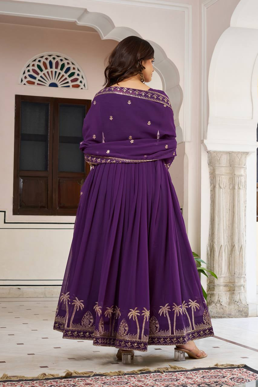 Womenline Elegant Royal Purple Anarkali Gown Set with Intricate Golden Embroidery & Dupatta