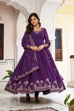 Womenline Elegant Royal Purple Anarkali Gown Set with Intricate Golden Embroidery & Dupatta