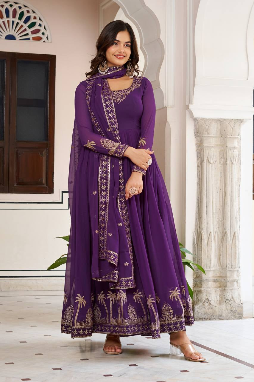 Womenline Elegant Royal Purple Anarkali Gown Set with Intricate Golden Embroidery & Dupatta