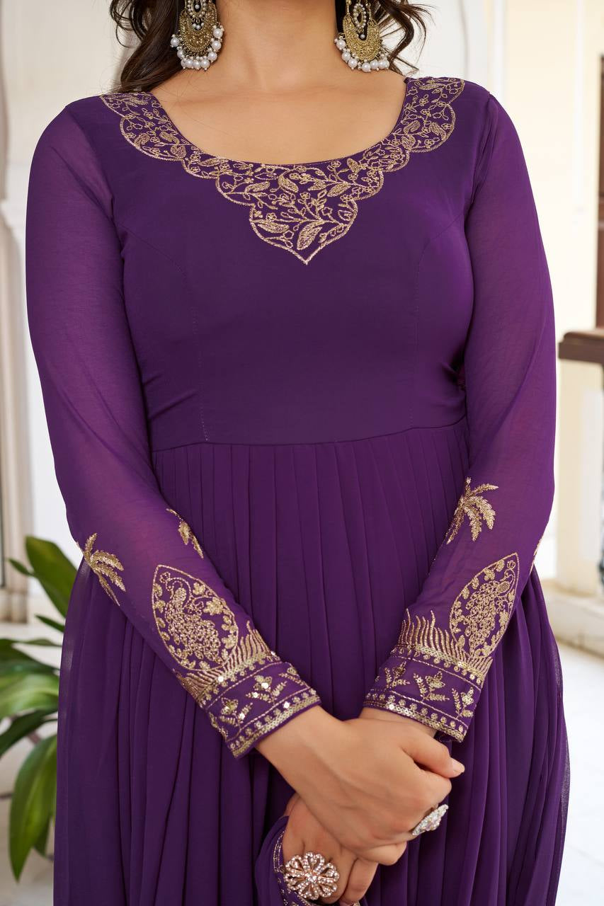 Womenline Elegant Royal Purple Anarkali Gown Set with Intricate Golden Embroidery & Dupatta