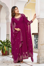 Womenline Elegant Rani Pink Anarkali Gown Set with Golden Embroidery & Dupatta