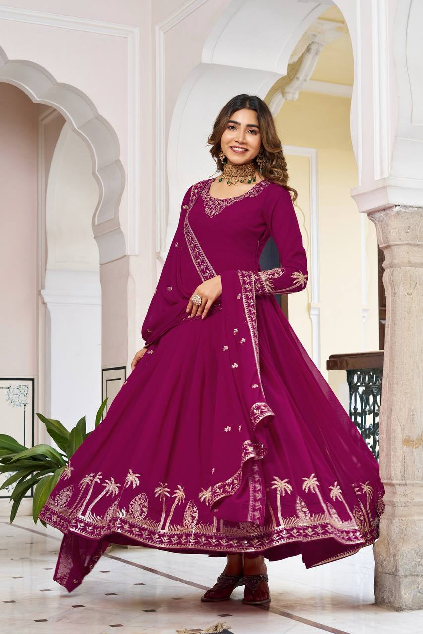 Womenline Elegant Rani Pink Anarkali Gown Set with Golden Embroidery & Dupatta