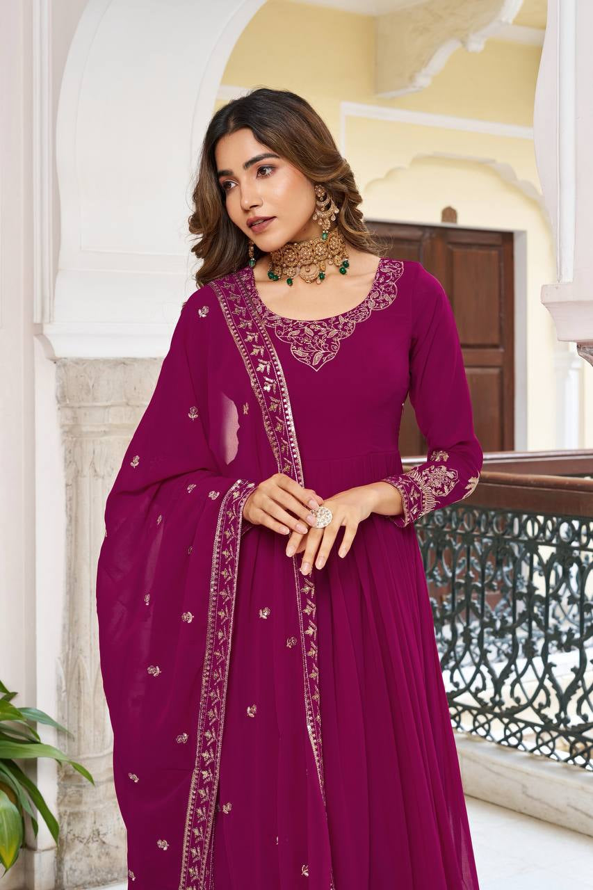 Womenline Elegant Rani Pink Anarkali Gown Set with Golden Embroidery & Dupatta