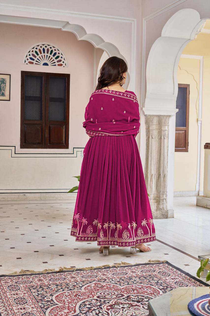 Womenline Elegant Rani Pink Anarkali Gown Set with Golden Embroidery & Dupatta