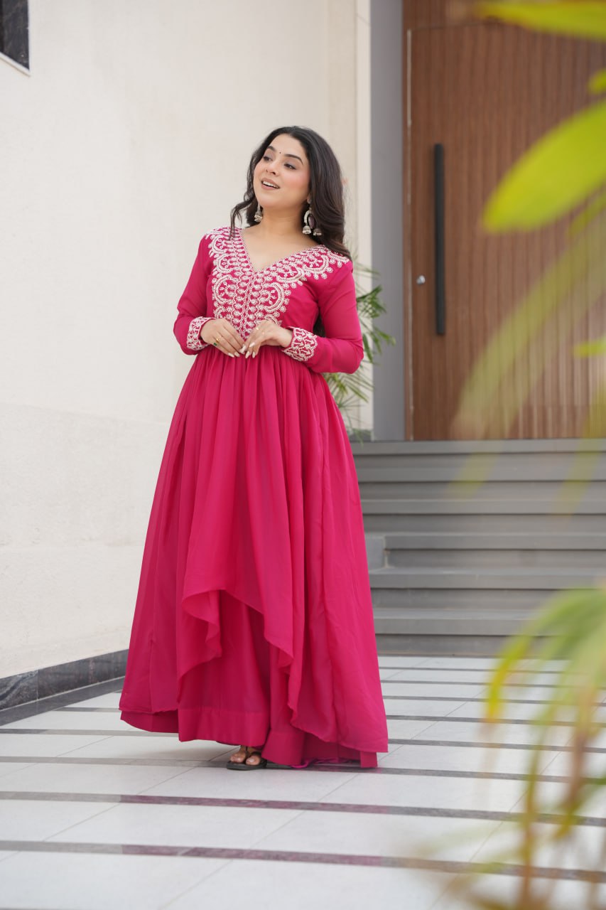 Womenline Pink Color Star Georgette Gown