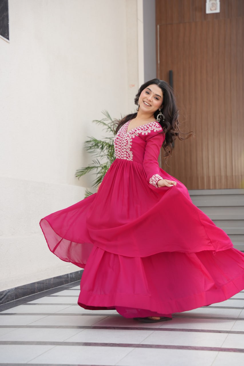 Womenline Pink Color Star Georgette Gown