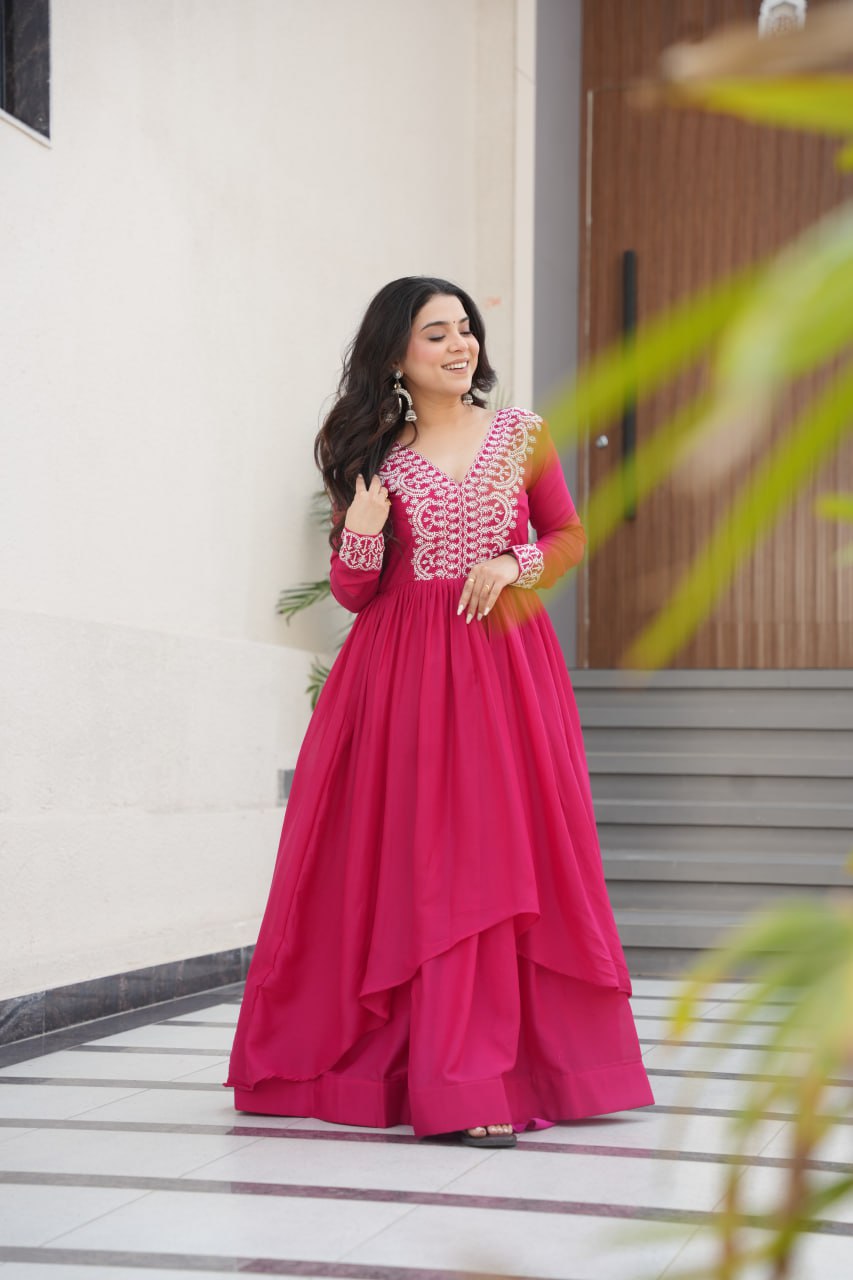 Womenline Pink Color Star Georgette Gown