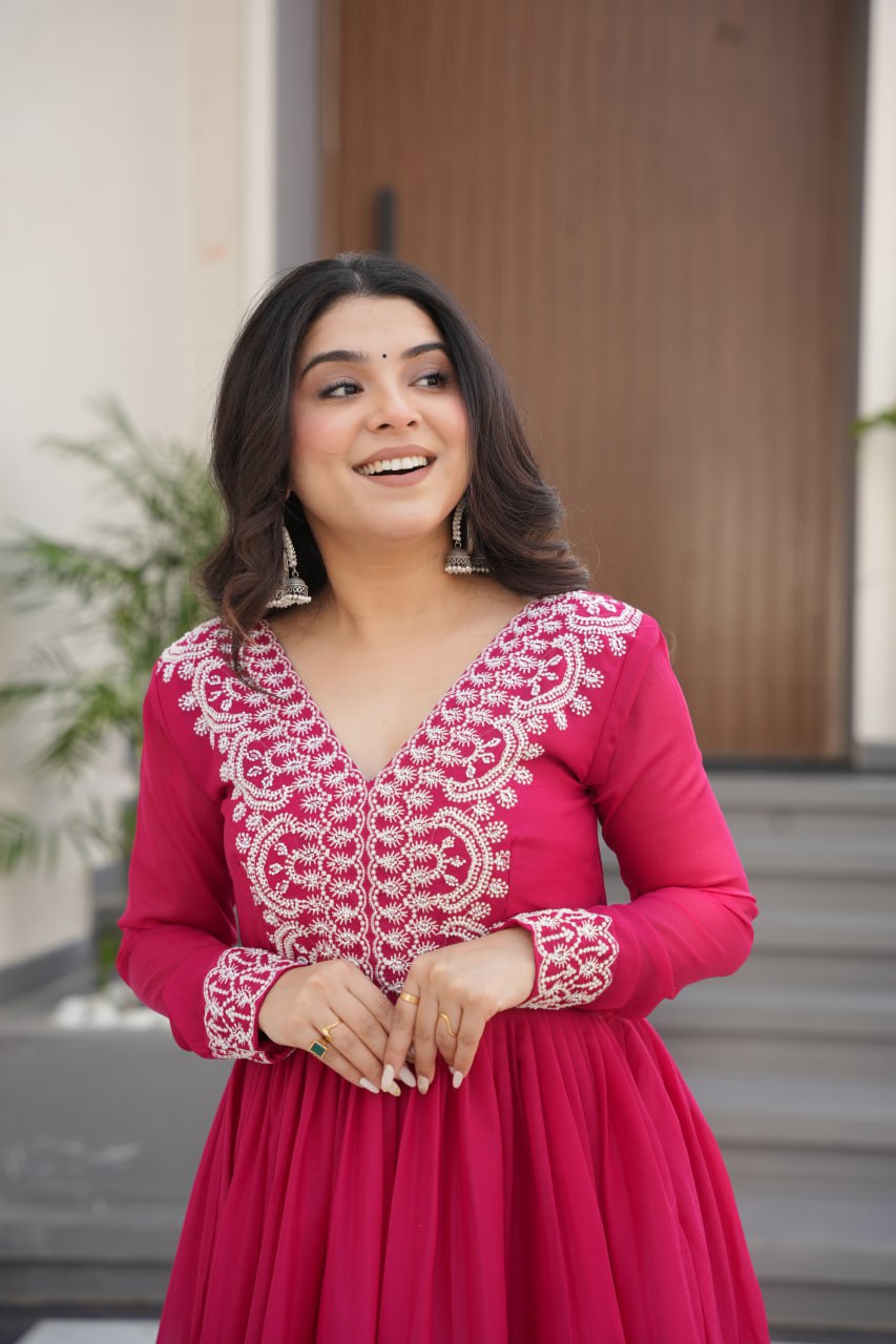 Womenline Pink Color Star Georgette Gown