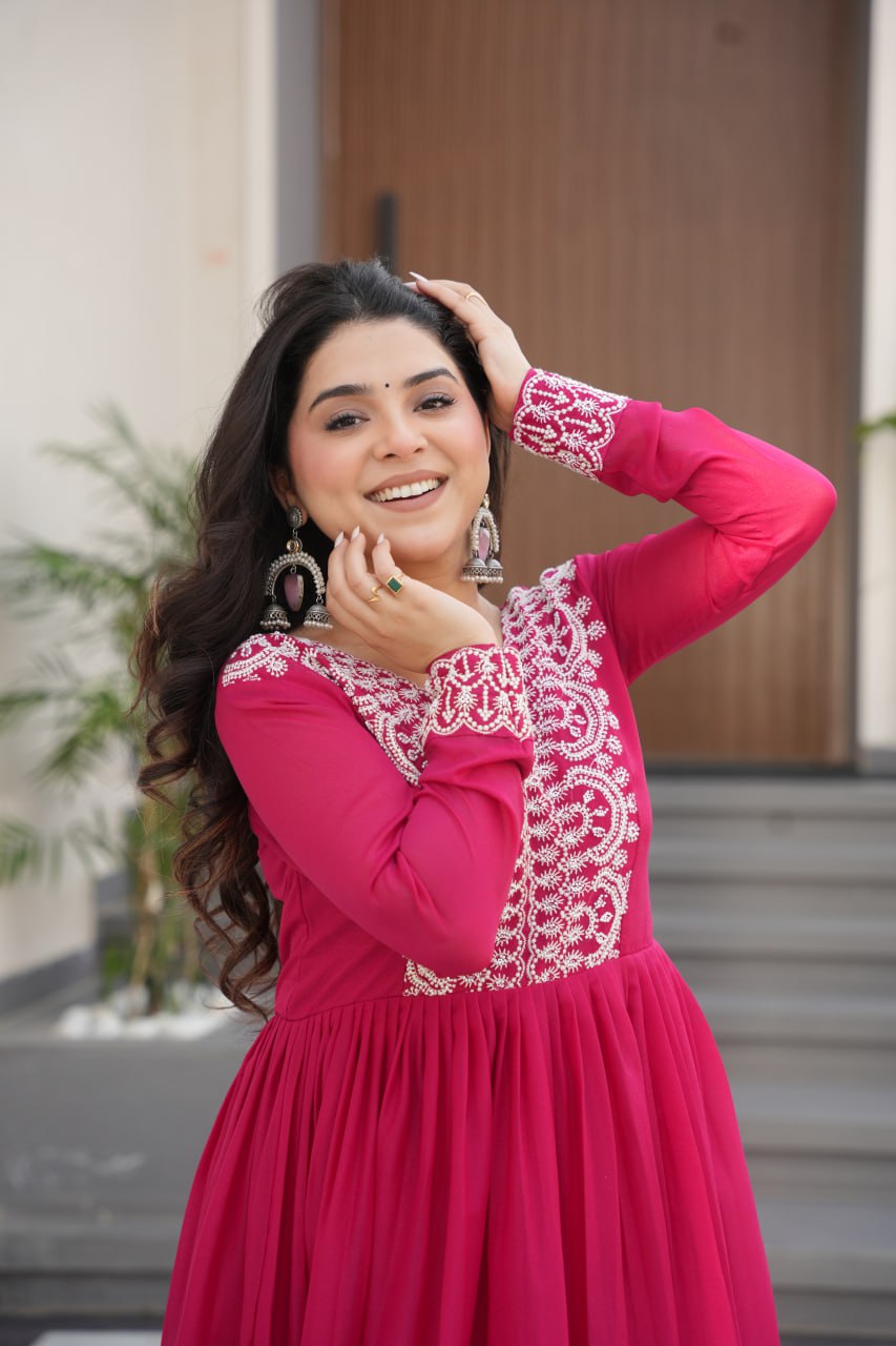 Womenline Pink Color Star Georgette Gown