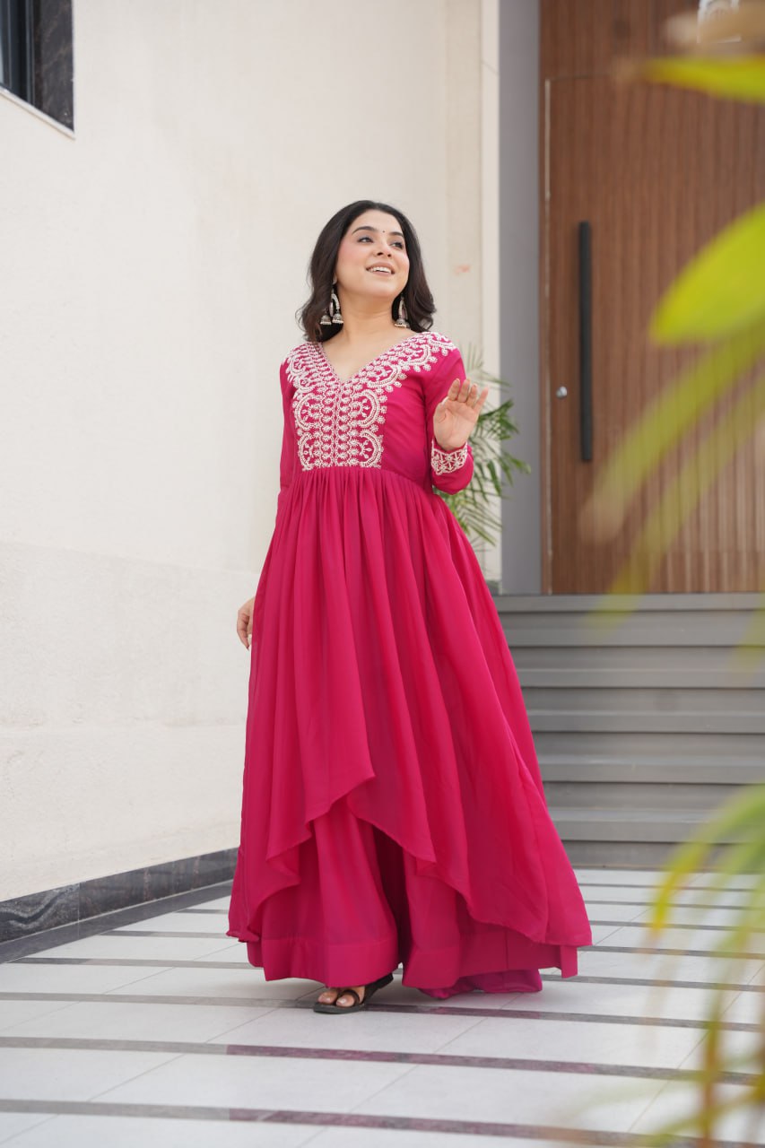 Womenline Pink Color Star Georgette Gown
