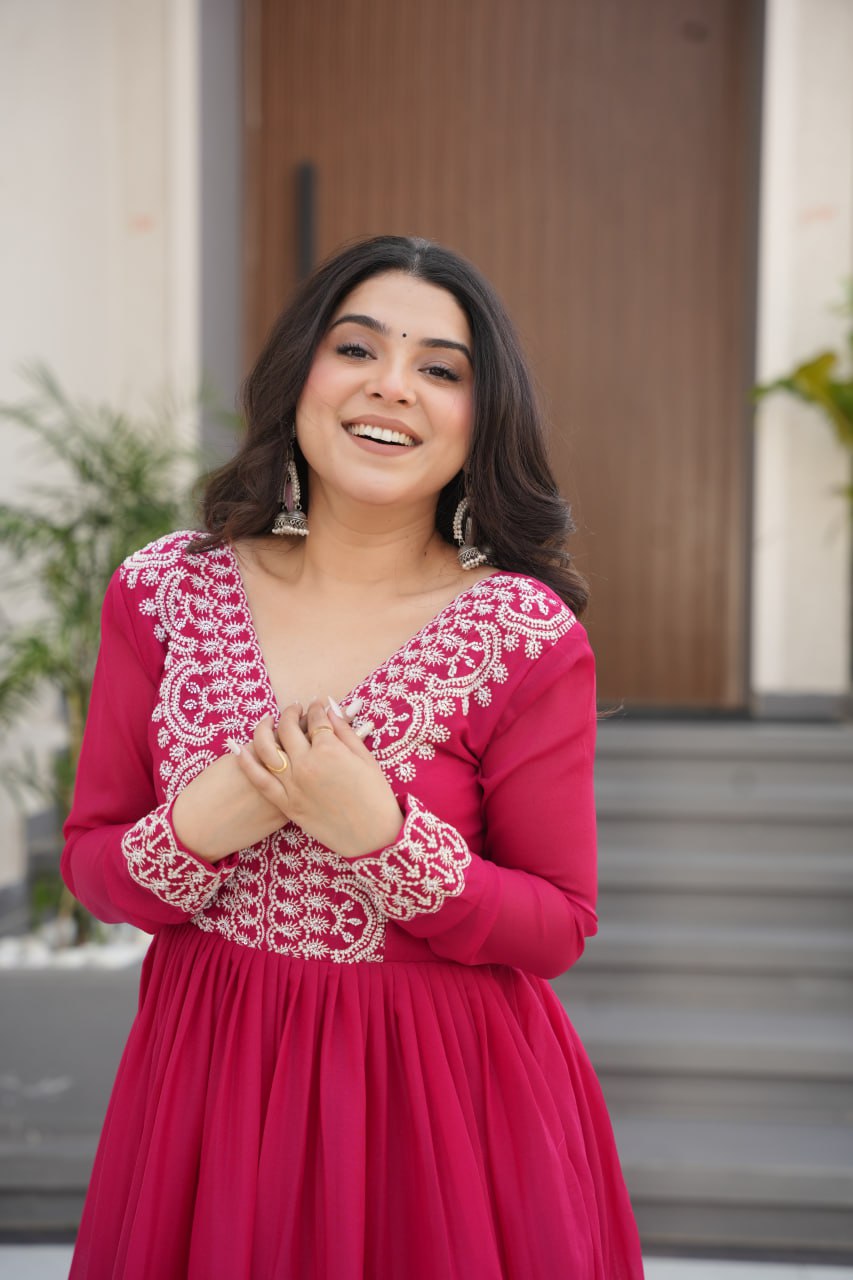 Womenline Pink Color Star Georgette Gown