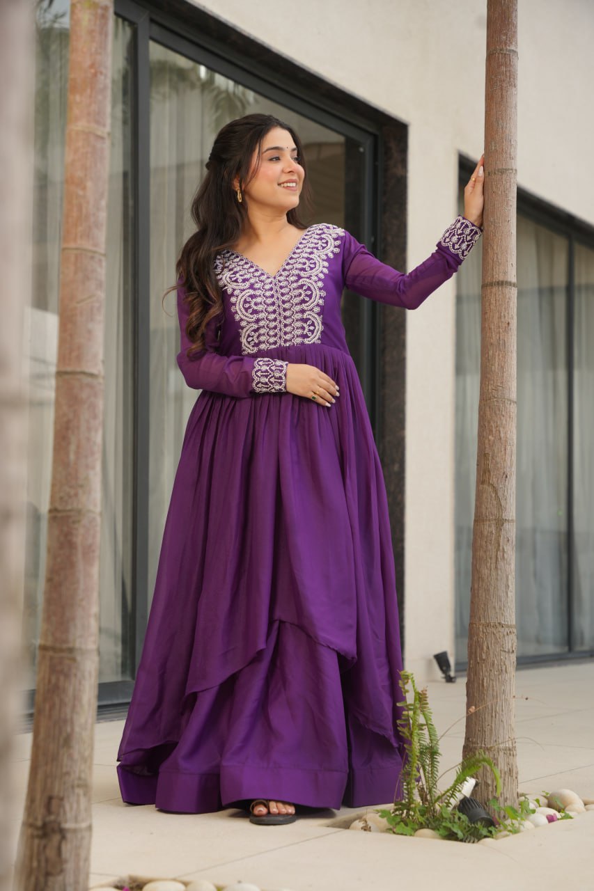 Womenline Purple Color Star Georgette Gown