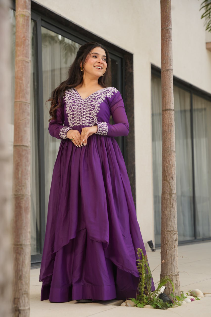 Womenline Purple Color Star Georgette Gown