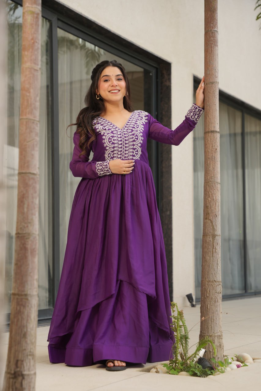 Womenline Purple Color Star Georgette Gown