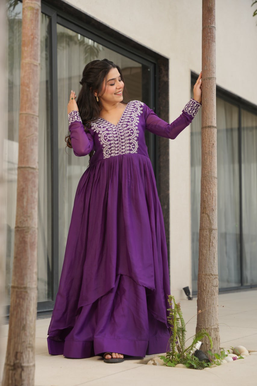 Womenline Purple Color Star Georgette Gown