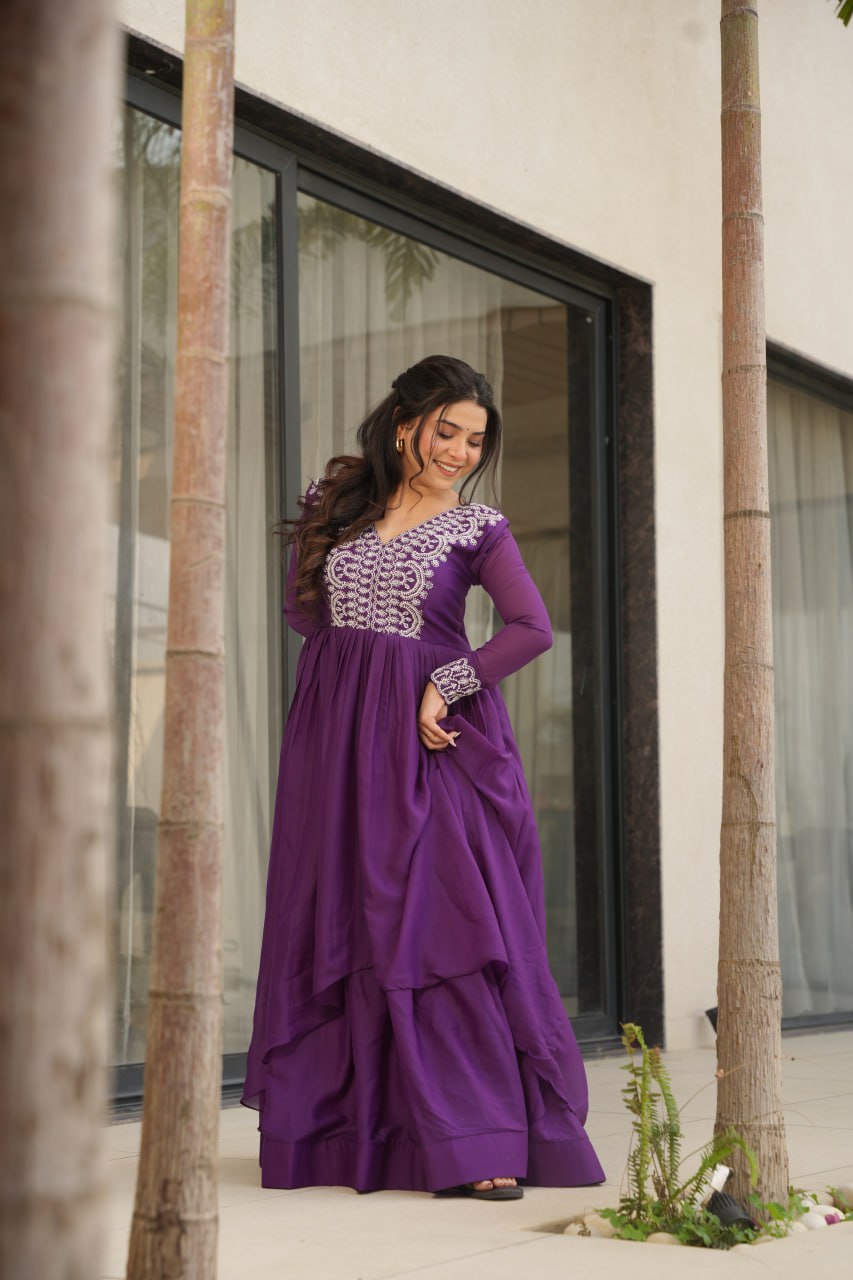 Womenline Purple Color Star Georgette Gown
