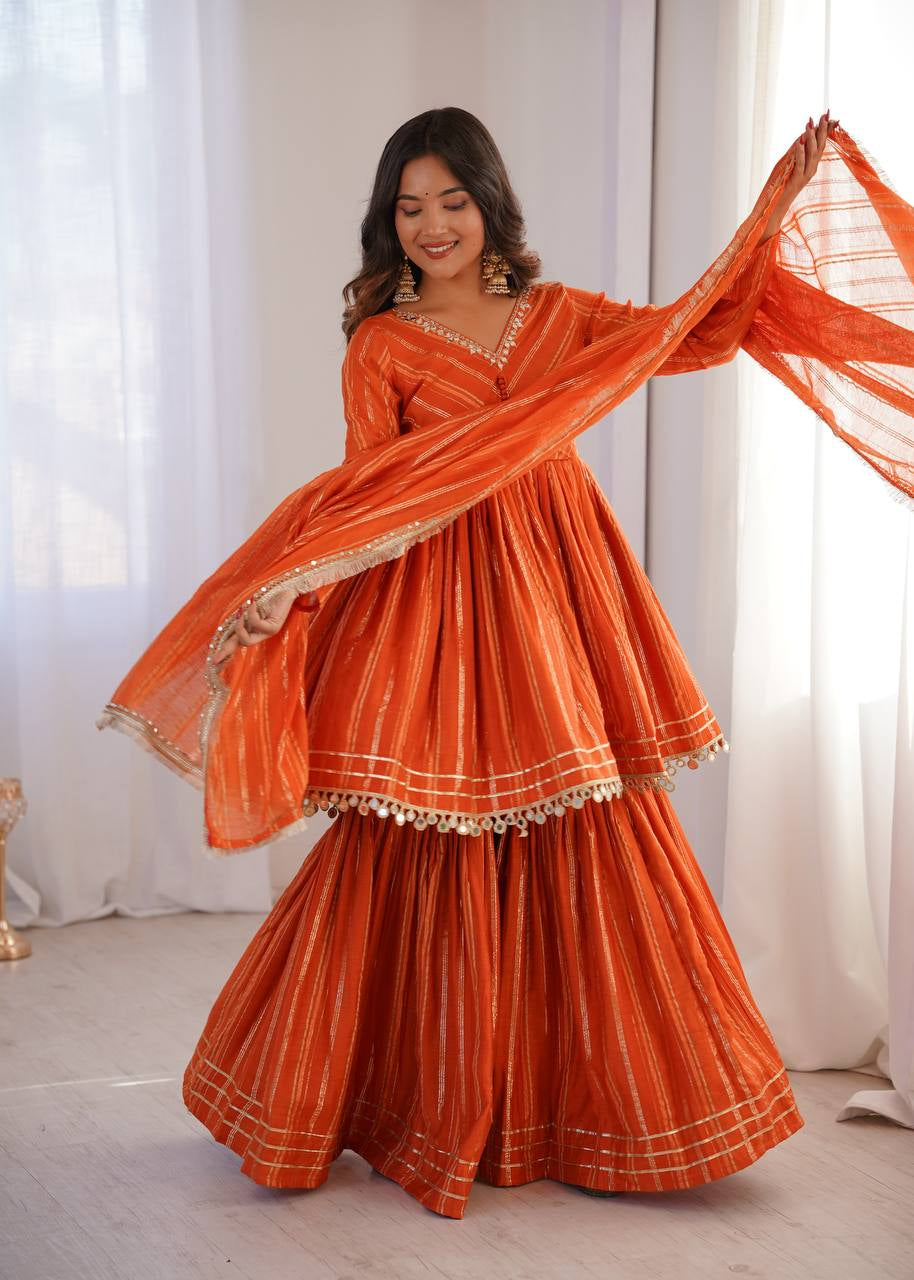 Womenline Burnt Orange Stripe Peplum Sharara Suit Set with Lurex Dupatta