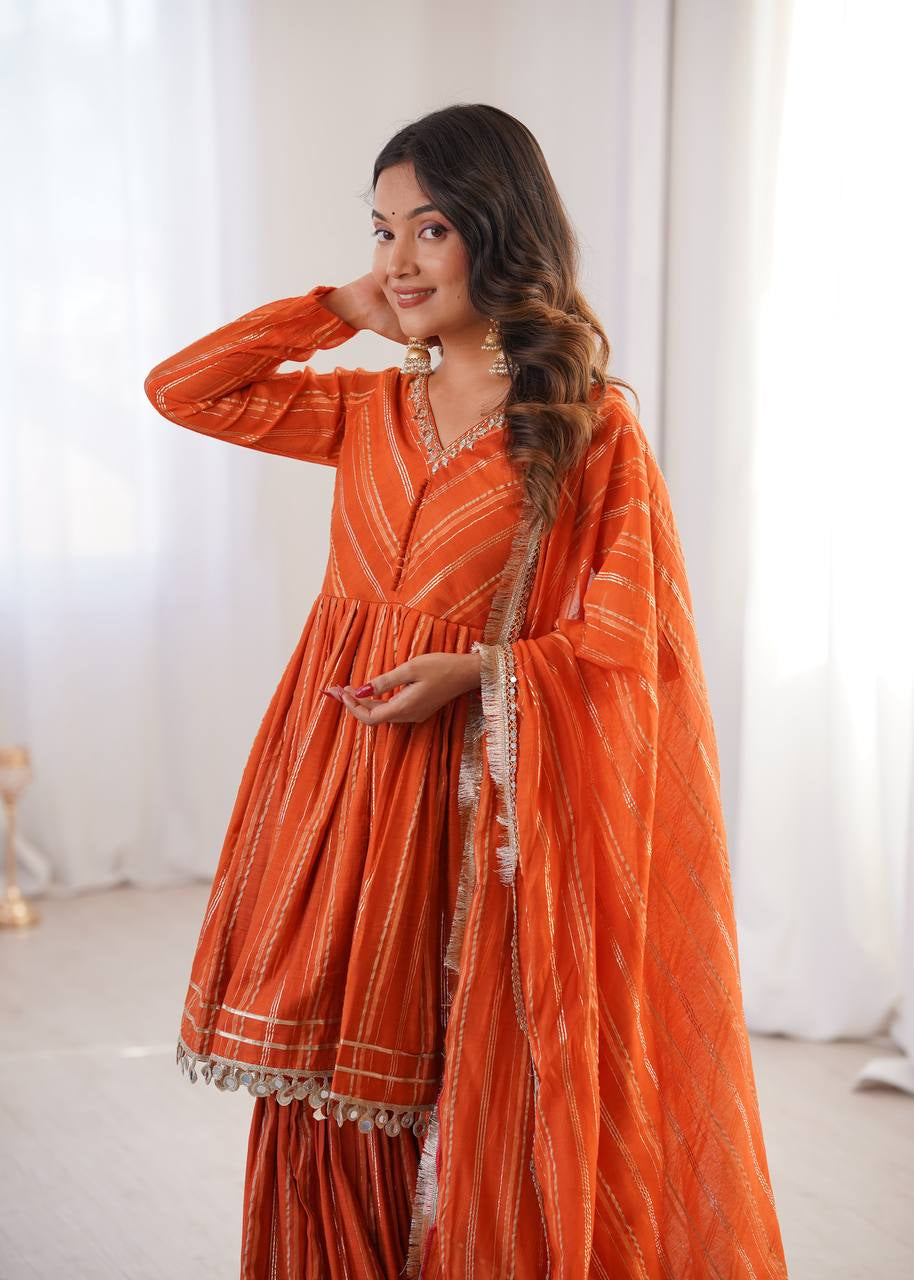 Womenline Burnt Orange Stripe Peplum Sharara Suit Set with Lurex Dupatta