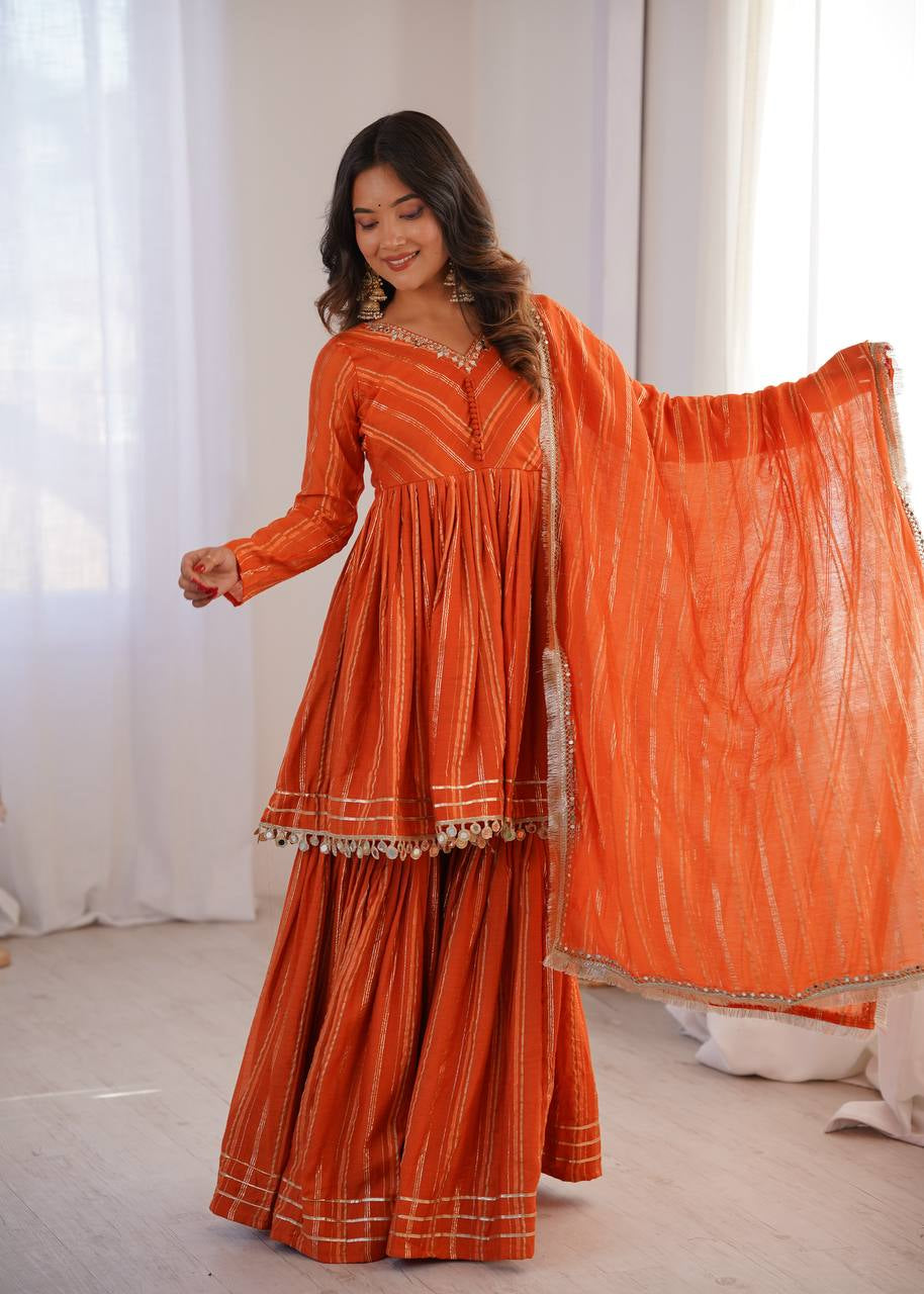 Womenline Burnt Orange Stripe Peplum Sharara Suit Set with Lurex Dupatta