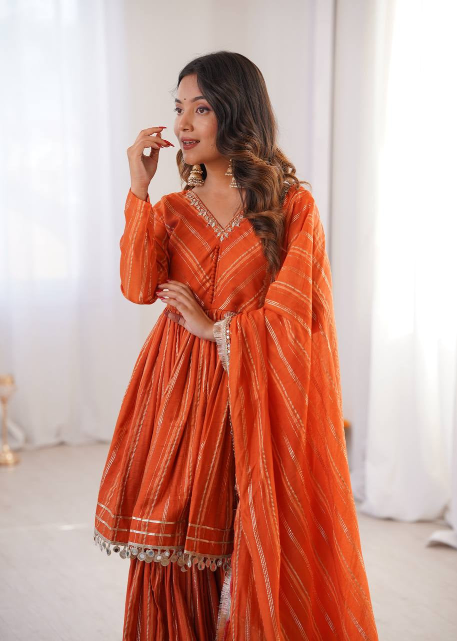 Womenline Burnt Orange Stripe Peplum Sharara Suit Set with Lurex Dupatta