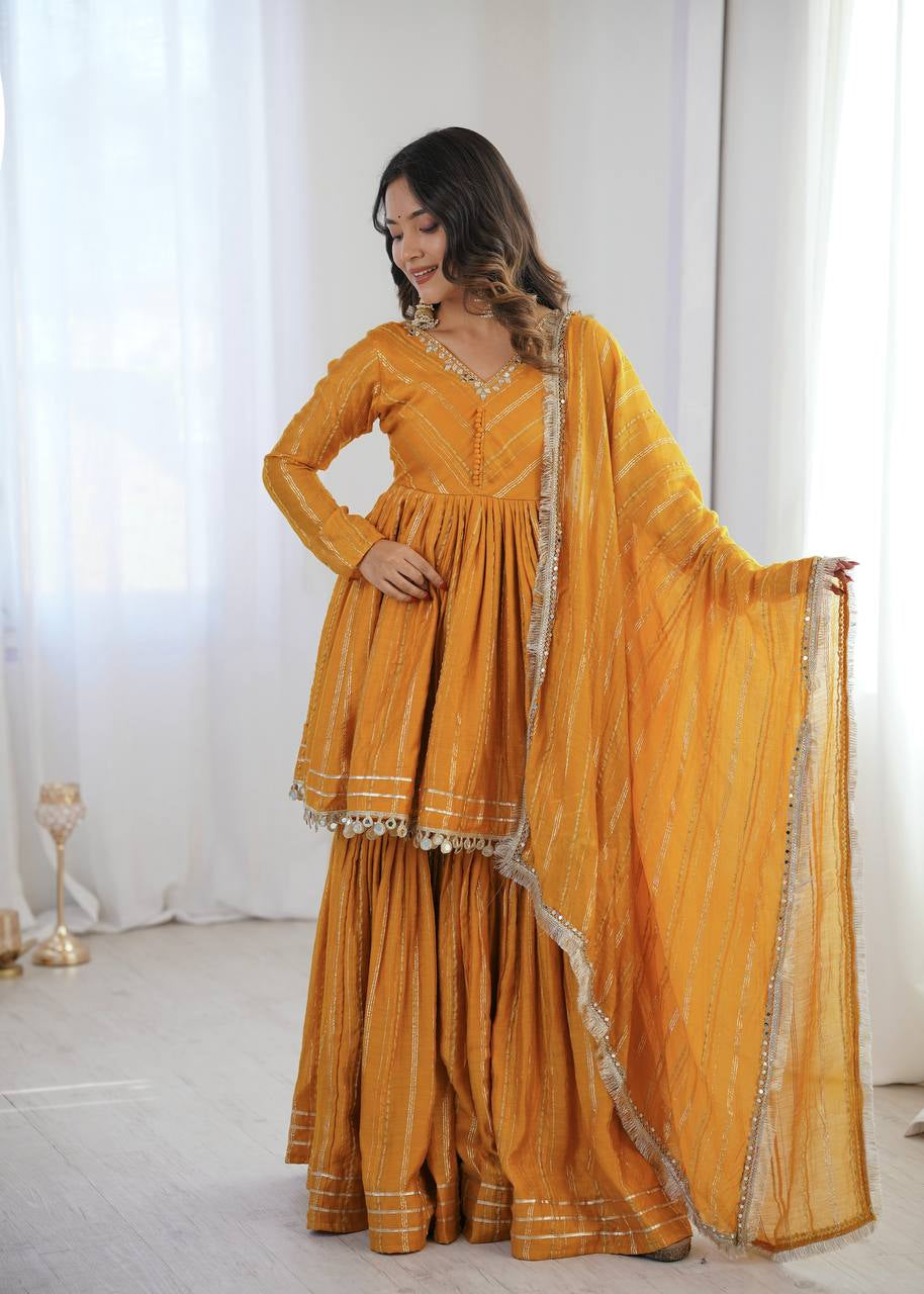 Womenline Mustard Gold Peplum Sharara Suit Set with Lurex Dupatta