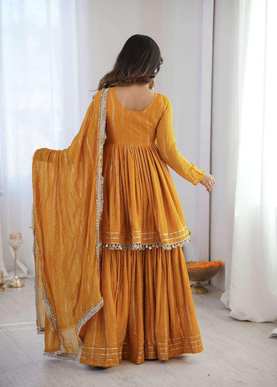 Womenline Mustard Gold Peplum Sharara Suit Set with Lurex Dupatta