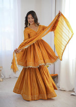 Womenline Mustard Gold Peplum Sharara Suit Set with Lurex Dupatta