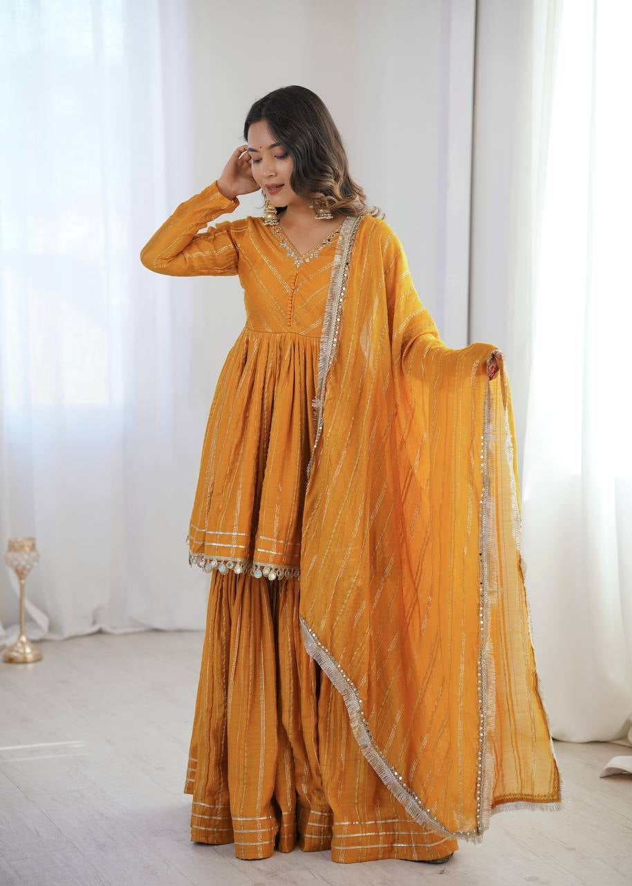 Womenline Mustard Gold Peplum Sharara Suit Set with Lurex Dupatta