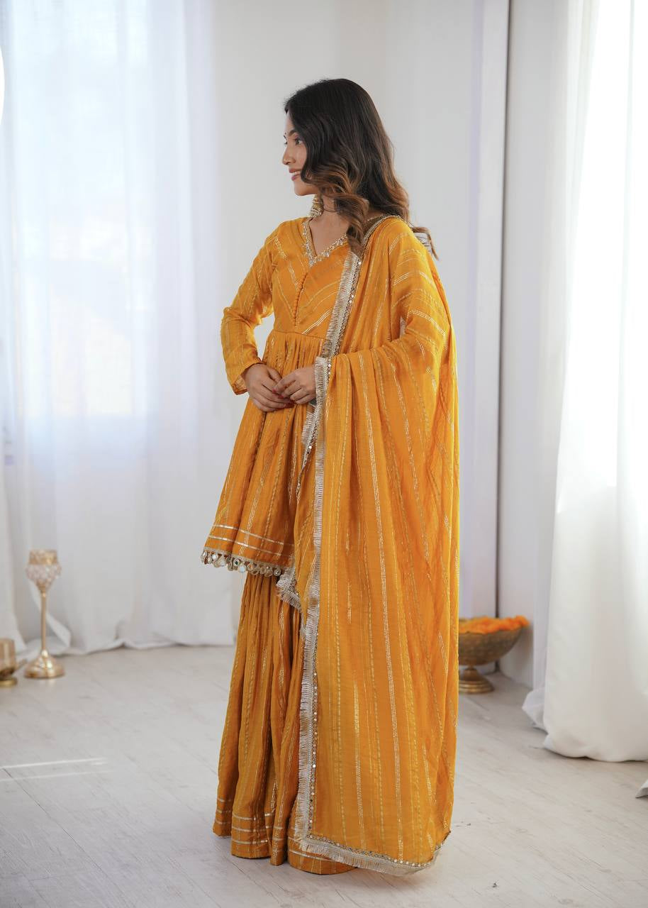 Womenline Mustard Gold Peplum Sharara Suit Set with Lurex Dupatta