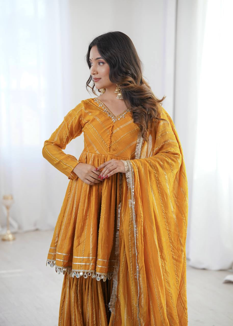 Womenline Mustard Gold Peplum Sharara Suit Set with Lurex Dupatta